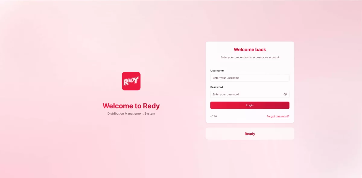 Redy platform login screen